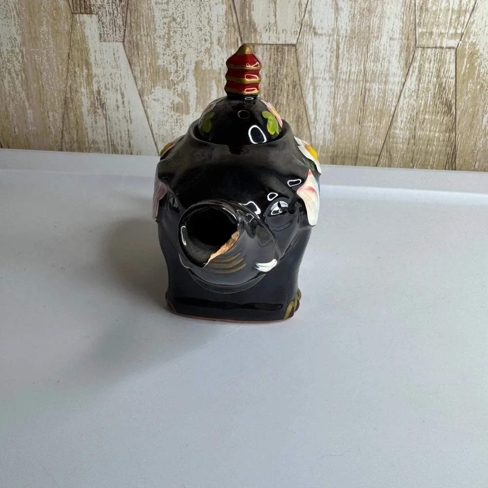 Vintage Black Elephant Teapot Ceramic Floral Design with Lid‎ Unique Collectible